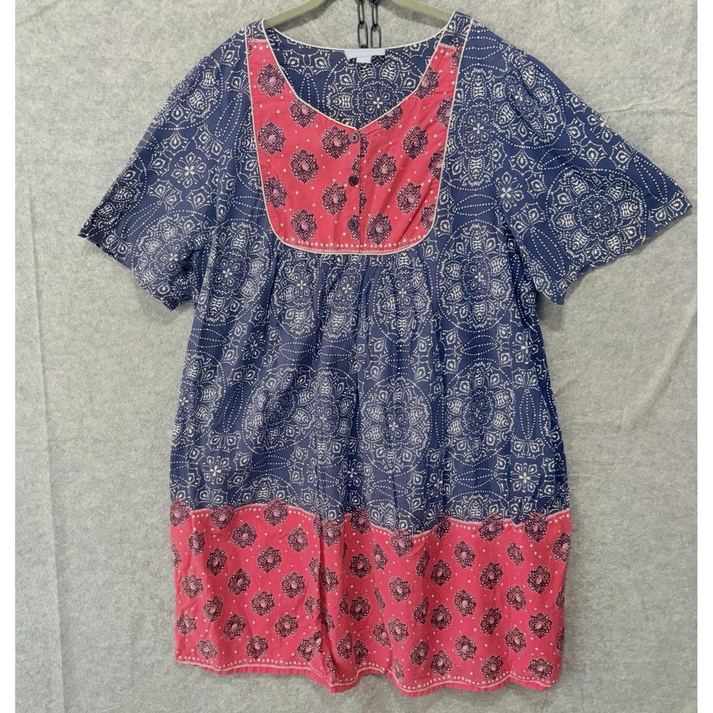 Only Necessities MuuMuu House Dress Sz 3X Blue Red Medallion Pockets Lightweight